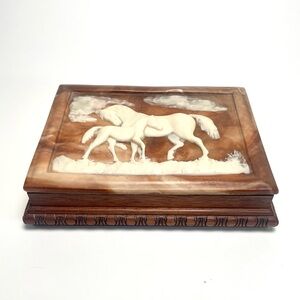 Vintage Dante Carved INCOLAY Stone Mare & Colt Walnut Trinket Jewelry Box